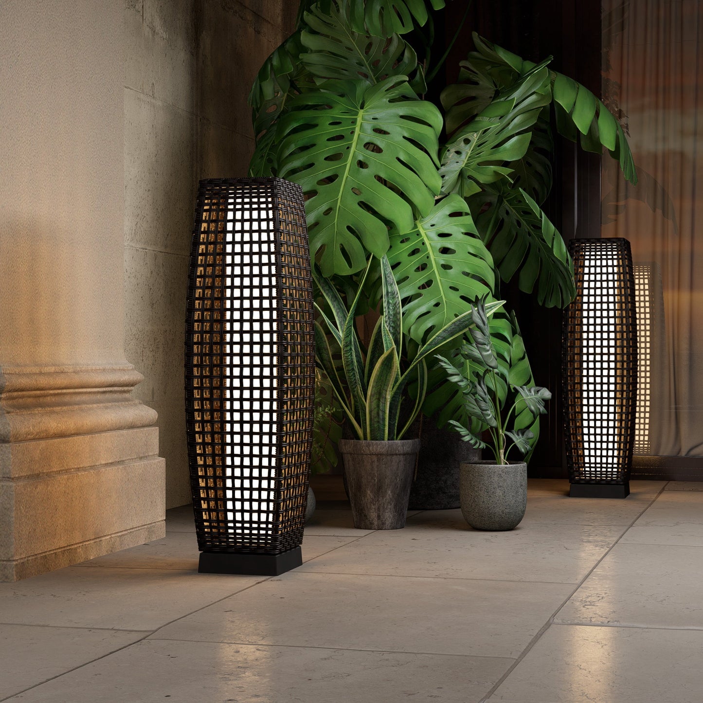 FUJI Solar-powered Woven Wicker Floor Lamp
