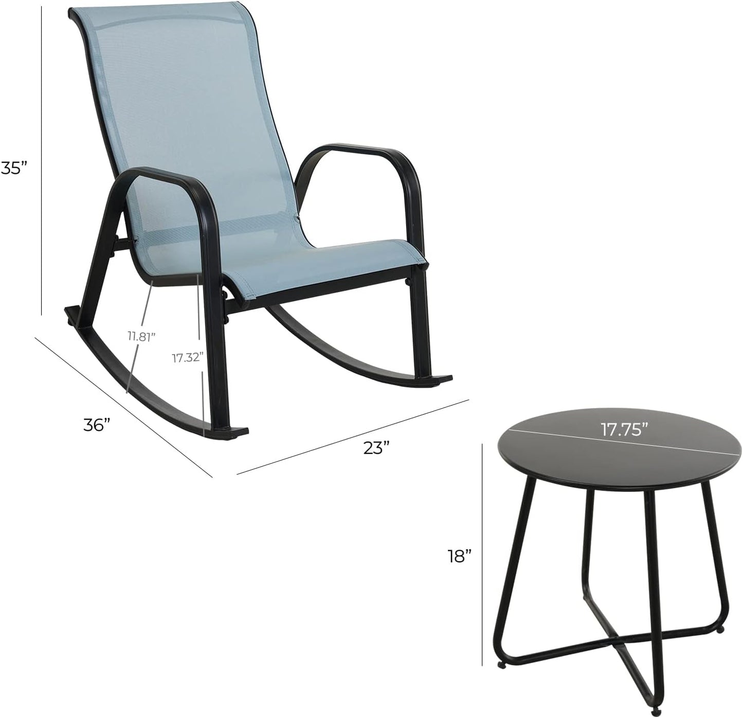 3-Piece Patio Bistro Rocking Chair Set, Steel Rocker Seating Outside for Front Porch, Garden, Patio, Backyard