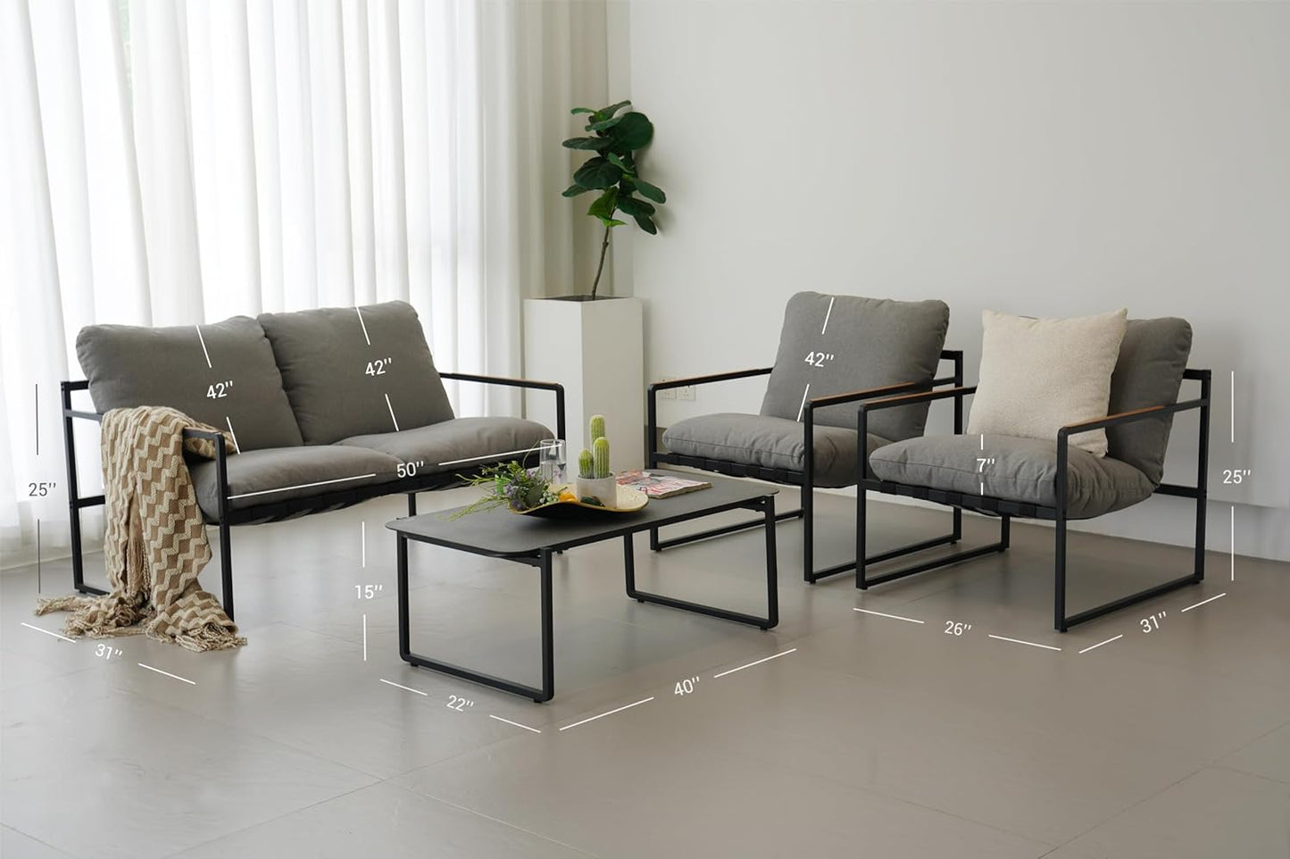 4-Piece Patio Furniture Set, Outdoor Patio Conversation Sofa Set with Cushion, Loveseat Chairs and Coffee Table
