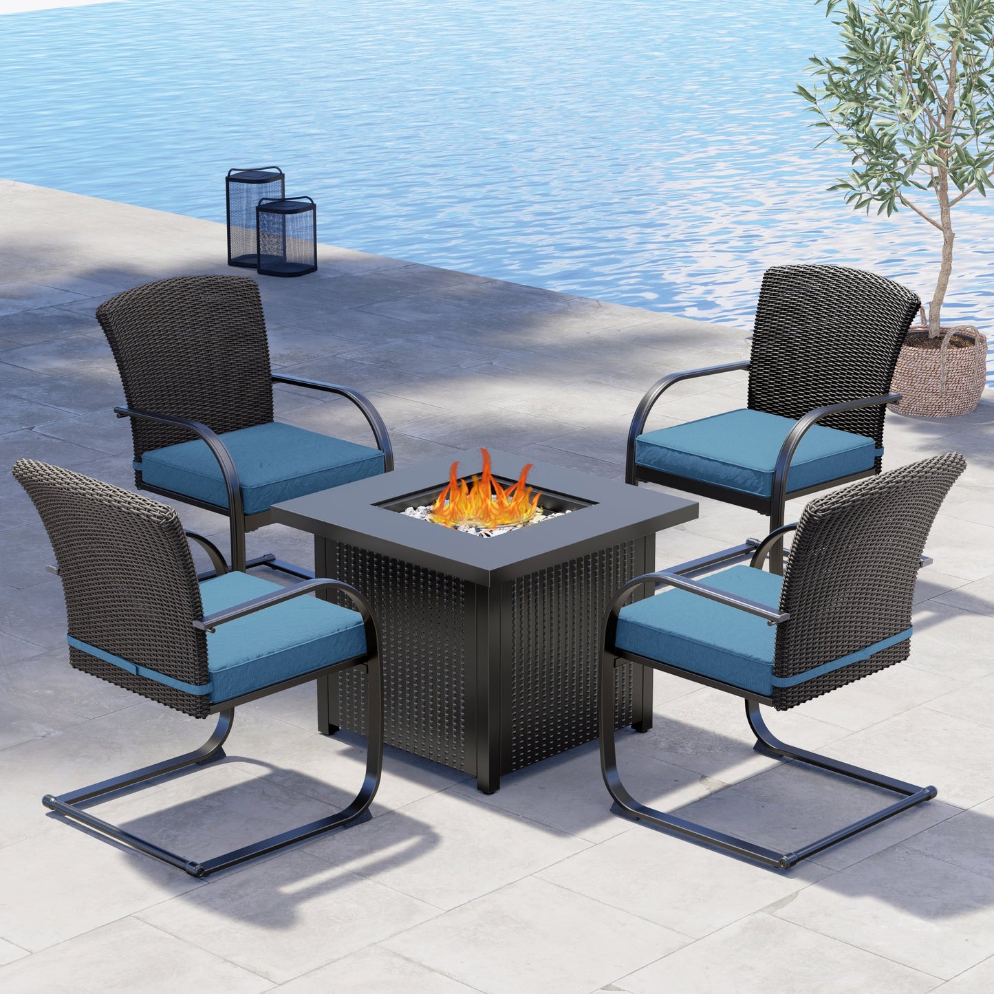 5-Piece Outdoor Dining Table Set with Fire Pit, 4 Outdoor Spring Dining Chairs