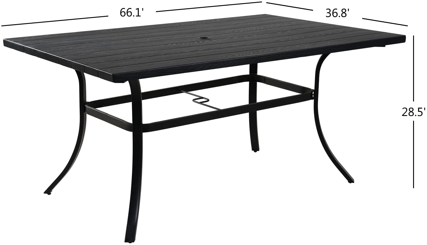 Outdoor Dining Table Set, Modern Woodgrain-Look Metal Table and Wicker Chairs