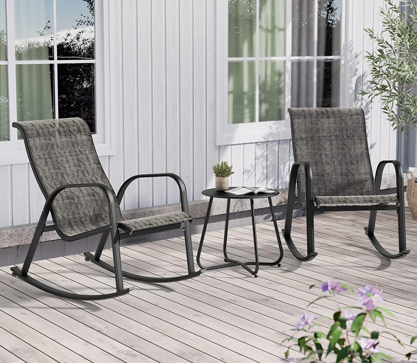 3-Piece Patio Bistro Rocking Chair Set, Steel Rocker Seating Outside for Front Porch, Garden, Patio, Backyard