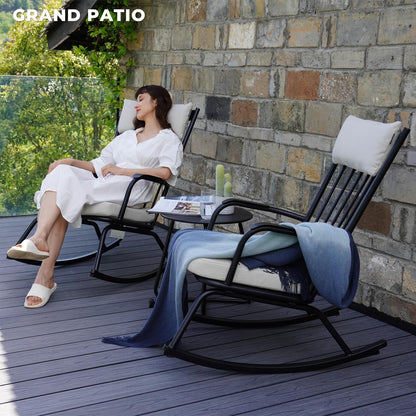 Outdoor Rocking Chair Set for 2, E-Coated Steel Rocking Chairs with Cushions and Side Table