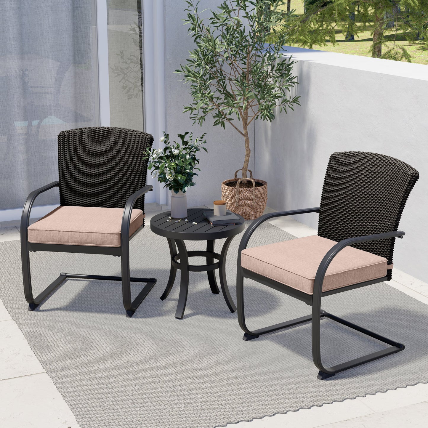 Dining Wicker Chair Set, Steel Frame Chair with Cushion