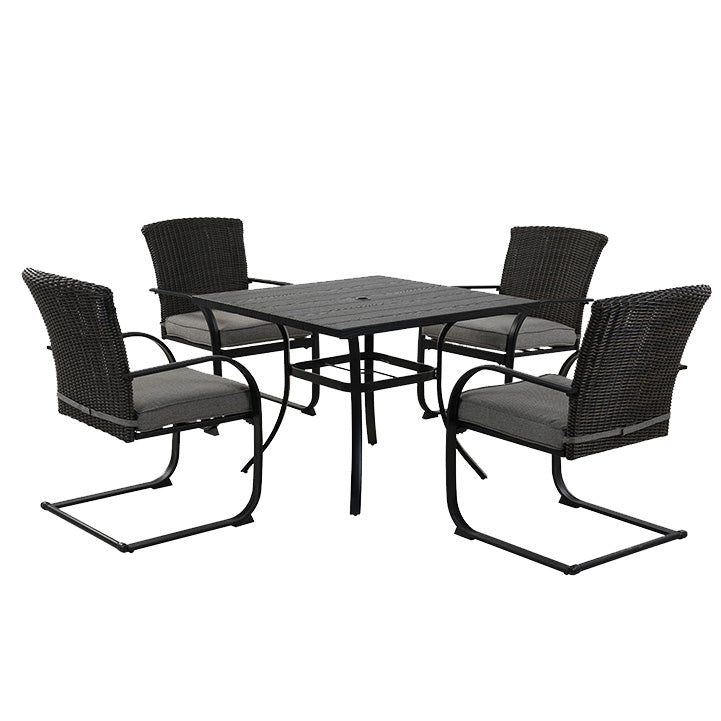 5 Piece Outdoor Dining Table Set, Woodgrain-Look Metal Table and Wicker Chairs for 4