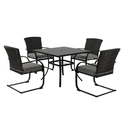 5 Piece Outdoor Dining Table Set, Woodgrain-Look Metal Table and Wicker Chairs for 4