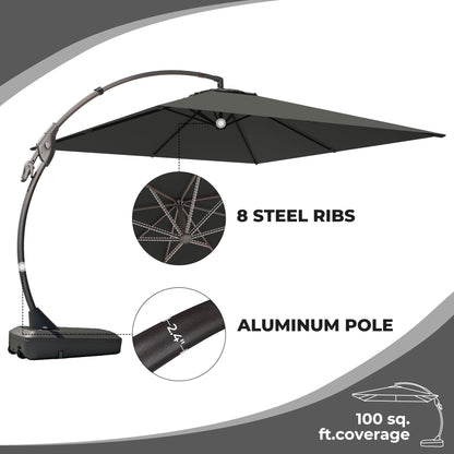 10x10 FT Square Patio Cantilever Umbrella, Deluxe Curvy Offset Umbrella with Base(No Umbrella Cover)