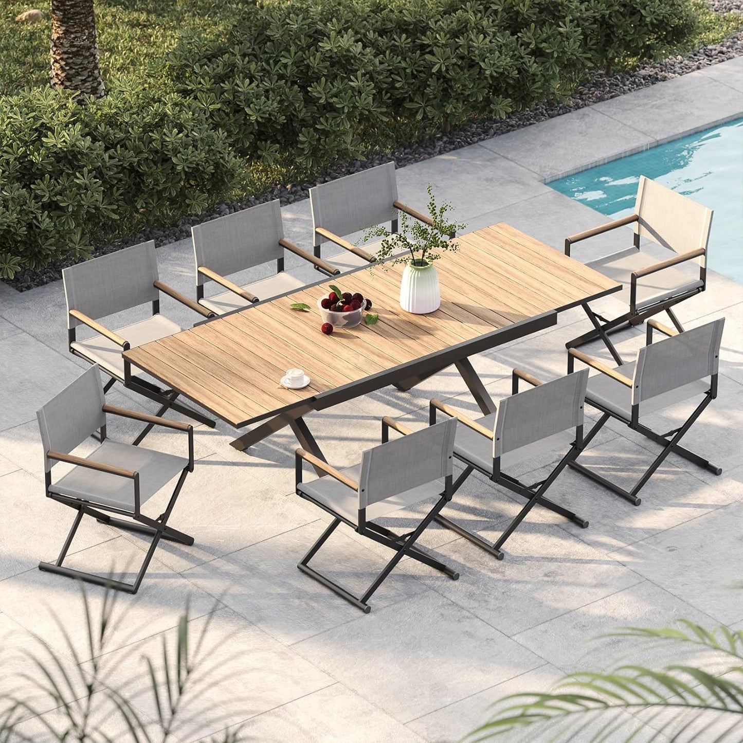 Dining Set, Extendable Table with Extra-Wide Foldable Chairs