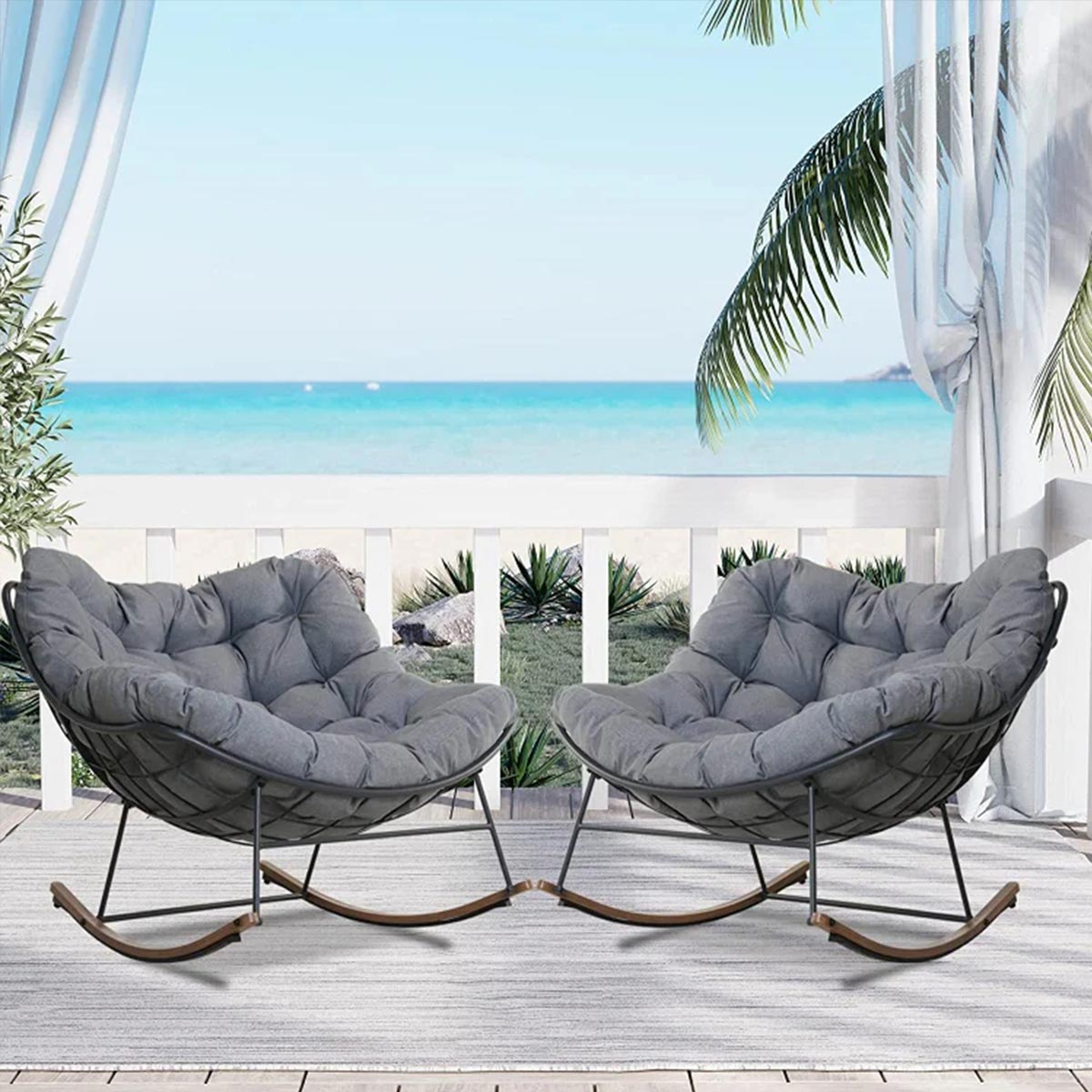 GRAND PATIO Outdoor Royal Rocking Chair, E-Coated Papasan Chair With Cushion for Porch, Garden