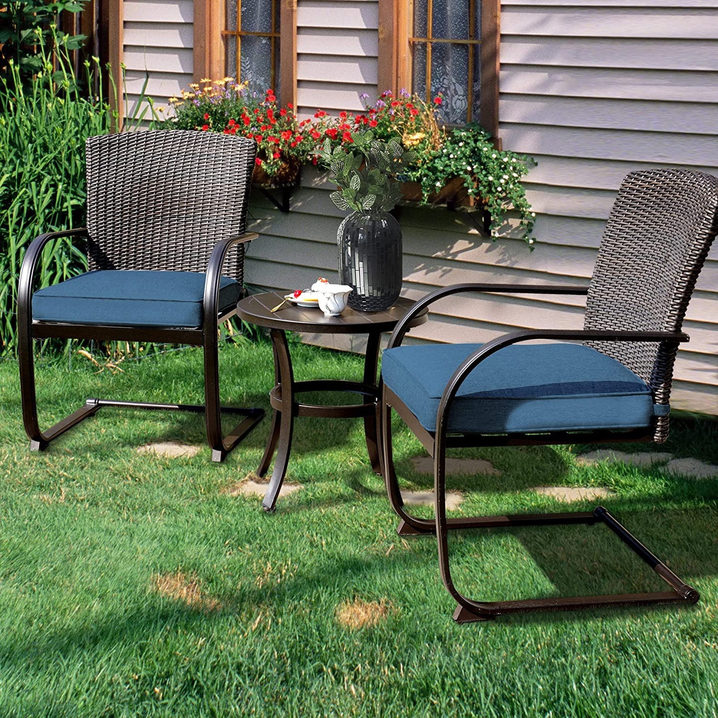 Dining Wicker Chair Set, Steel Frame Chair with Cushion