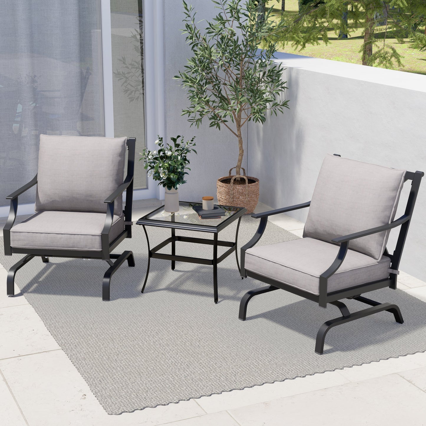 3 Piece Metal Bistro Rocking Chairs, Indoor Outdoor Chat Set