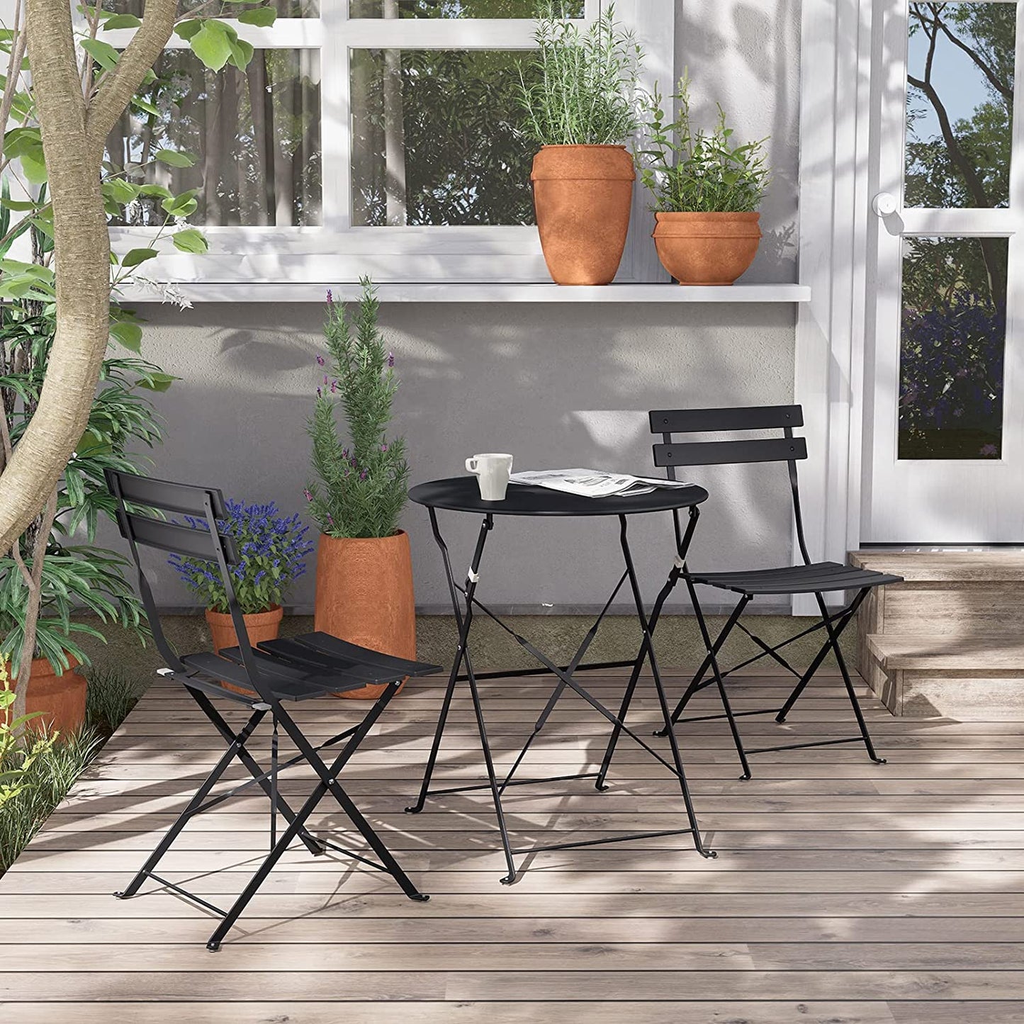 Premium Steel Patio Bistro Set with Cushion 3 Piece Patio Set of Foldable Patio Table and Chairs