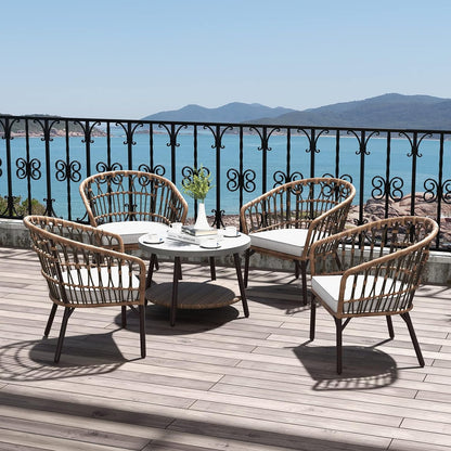 Outdoor Tully 5-Piece Steel All-Weather Wicker Boho Chat Set with Round Table for Balcony, Patio, Deck