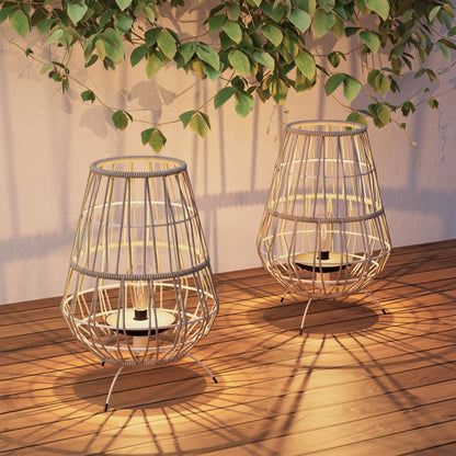 15-inch Apollo Outdoor LED Solar Powered Resin Polyester Cord Woven Floor Lamp Set of 2 with LED Edison Bulb, Water-Resistant Accent Garden Light, Pathway, Taupe Brown