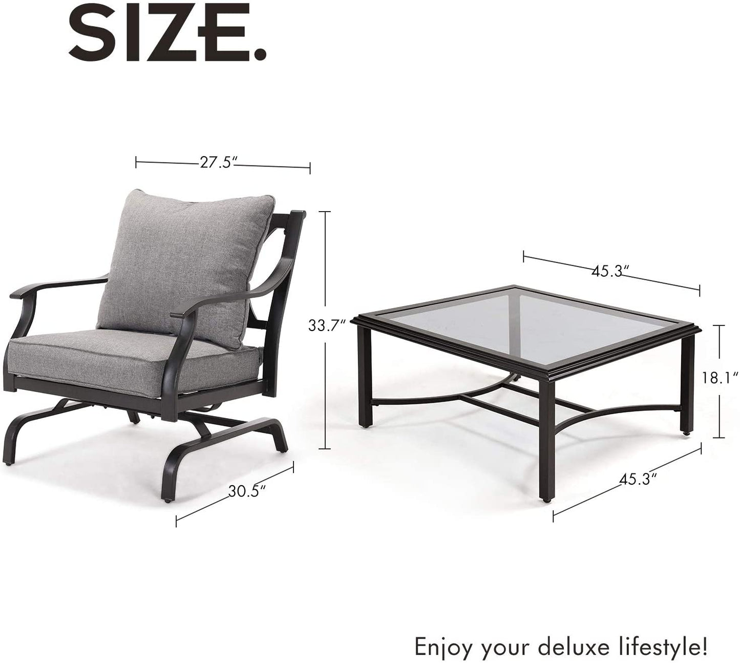 5 Piece Outdoor Furniture Conversation Set, All Weather Outdoor Cushion Rocking Chairs with Square Tempered Glass Top Coffee Table, Balcony Furniture Set for Garden