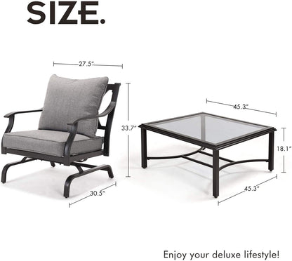 5 Piece Outdoor Furniture Conversation Set, All Weather Outdoor Cushion Rocking Chairs with Square Tempered Glass Top Coffee Table, Balcony Furniture Set for Garden