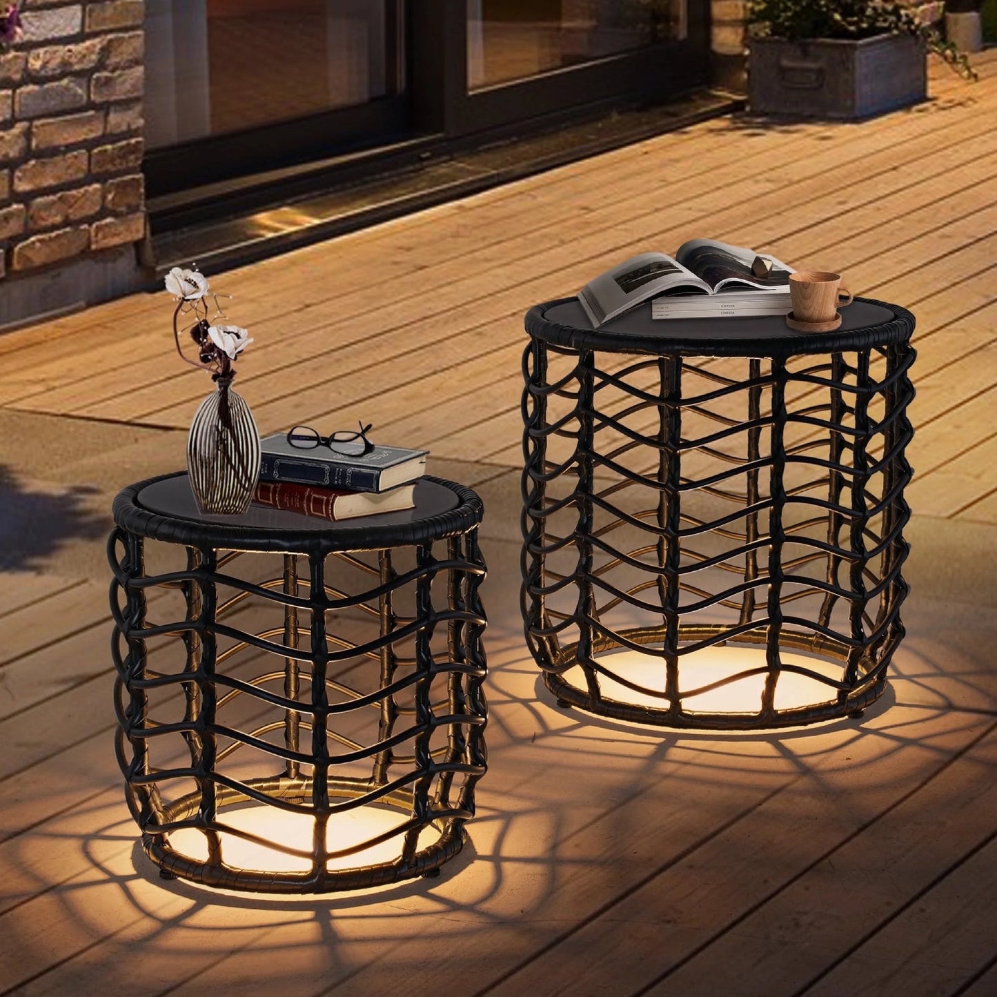 Boho Style Wave Nesting Tables with Built-in Solar-power Lights Set of 2