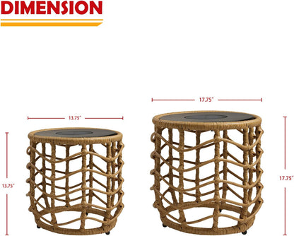 Boho Style Wave Nesting Tables with Built-in Solar-power Lights Set of 2