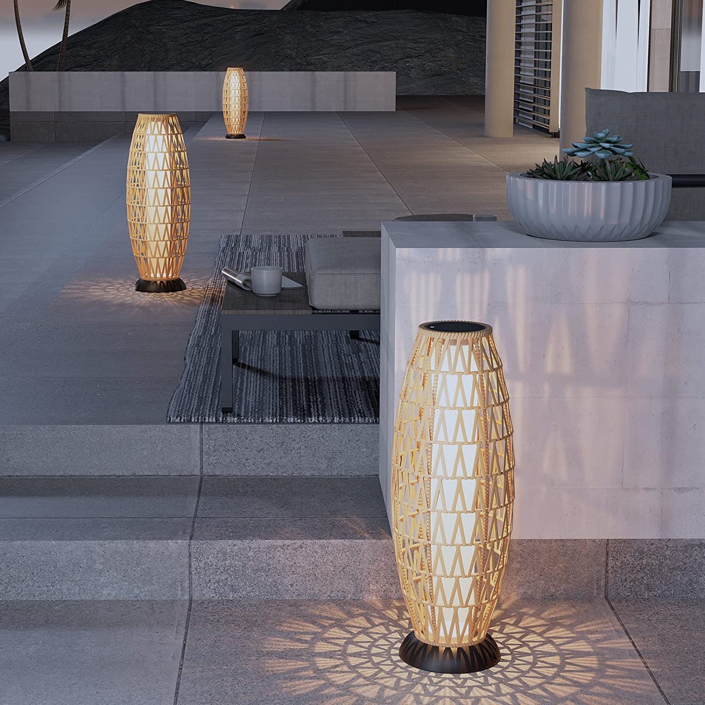 Floor Lamp Outdoor Lamp Patio Lights Solar Powered Lantern Weather–Resistant Rattan Deck Lights, Lamp Large-Sized for Garden