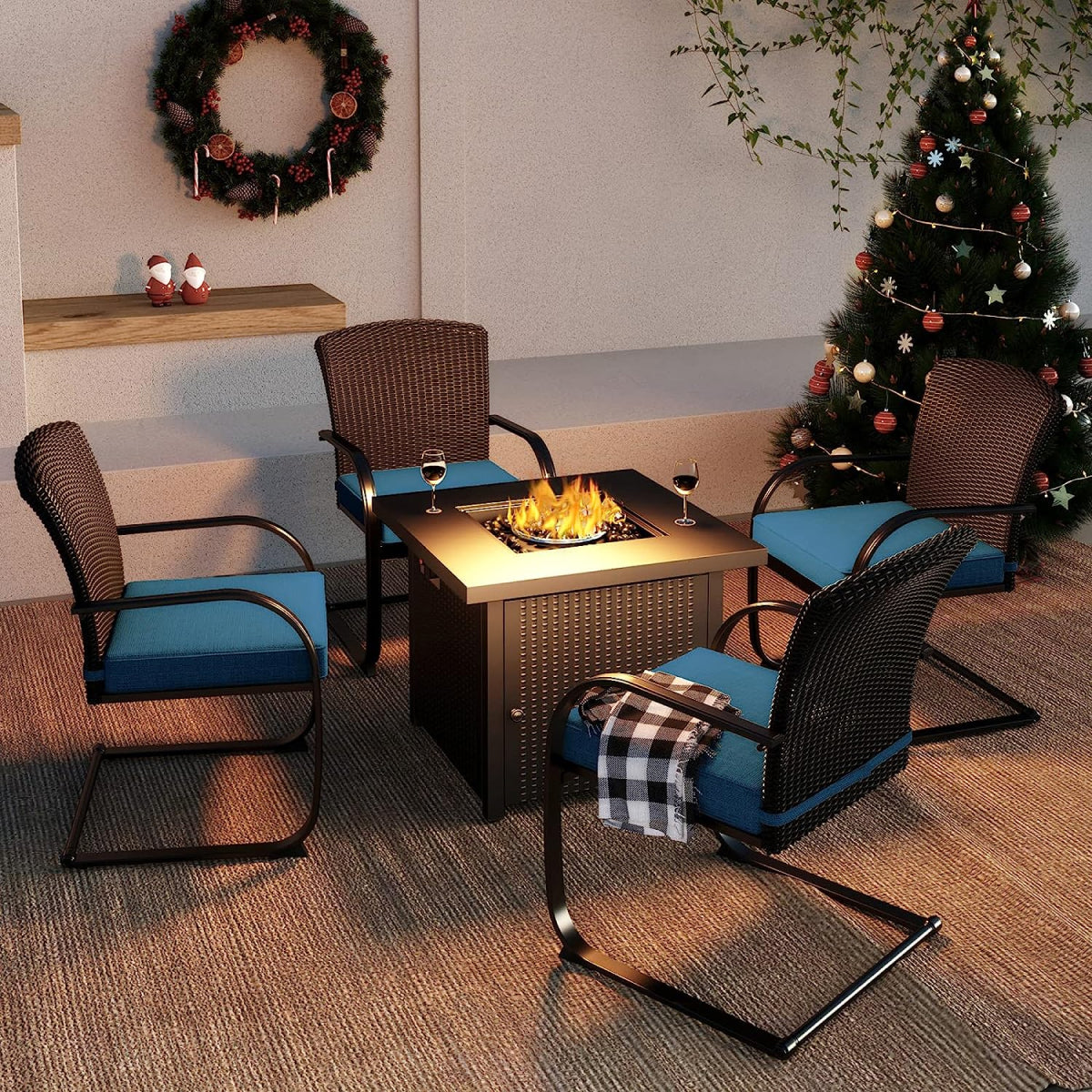 5-Piece Outdoor Dining Table Set with Fire Pit, 4 Outdoor Spring Dining Chairs
