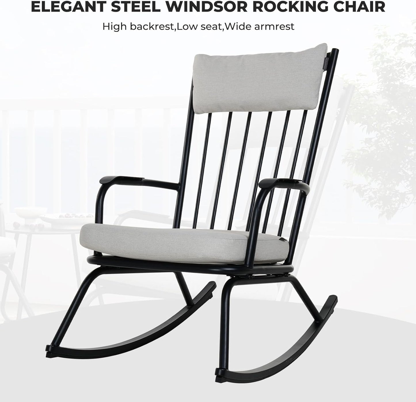 Outdoor Rocking Chair Set for 2, E-Coated Steel Rocking Chairs with Cushions and Side Table