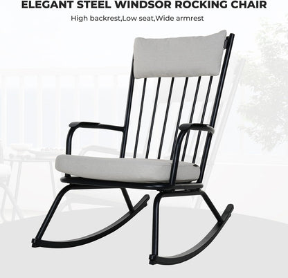Outdoor Rocking Chair Set for 2, E-Coated Steel Rocking Chairs with Cushions and Side Table
