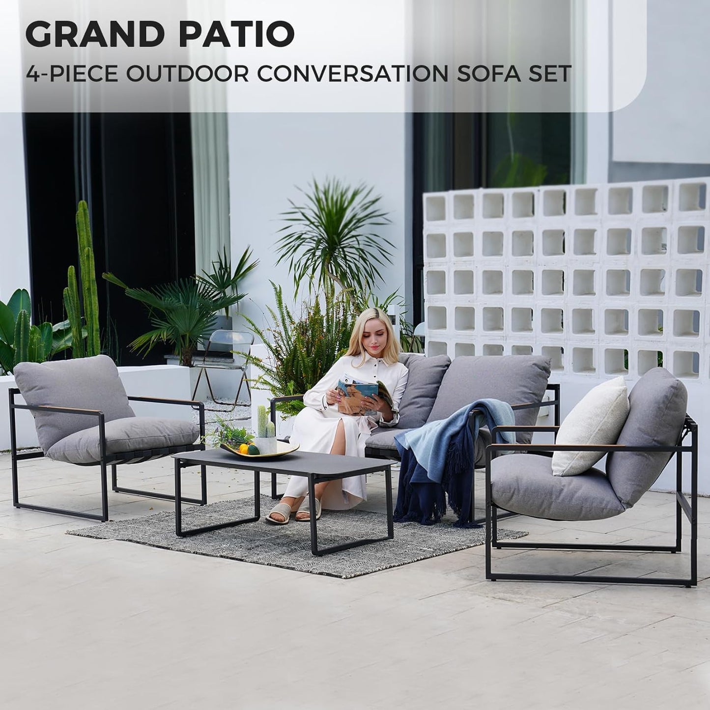 4-Piece Patio Furniture Set, Outdoor Patio Conversation Sofa Set with Cushion, Loveseat Chairs and Coffee Table