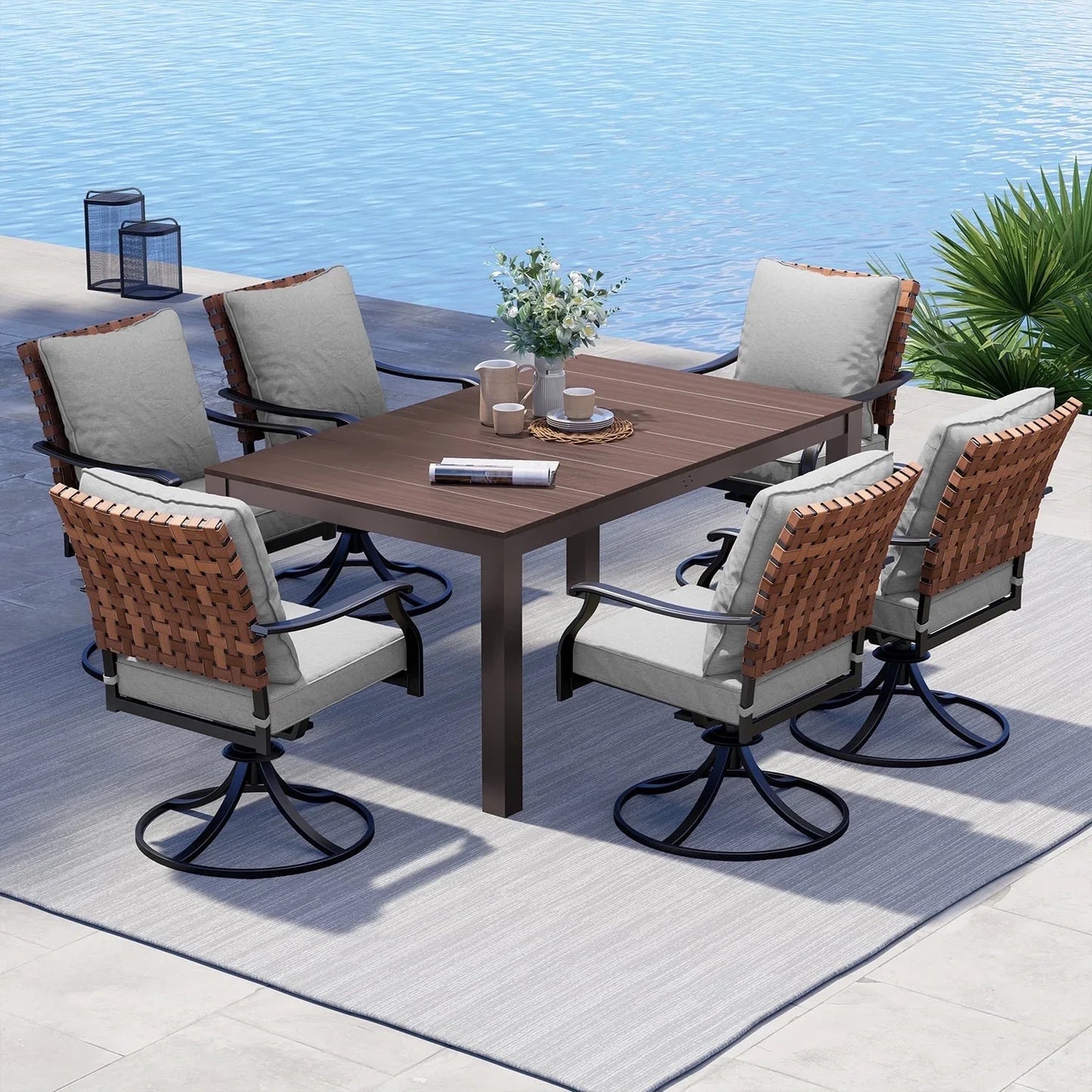 5 Pieces Outdoor Dining Set,4 Steel Resin Wicker Swivel Patio Chairs&Square Dining Table