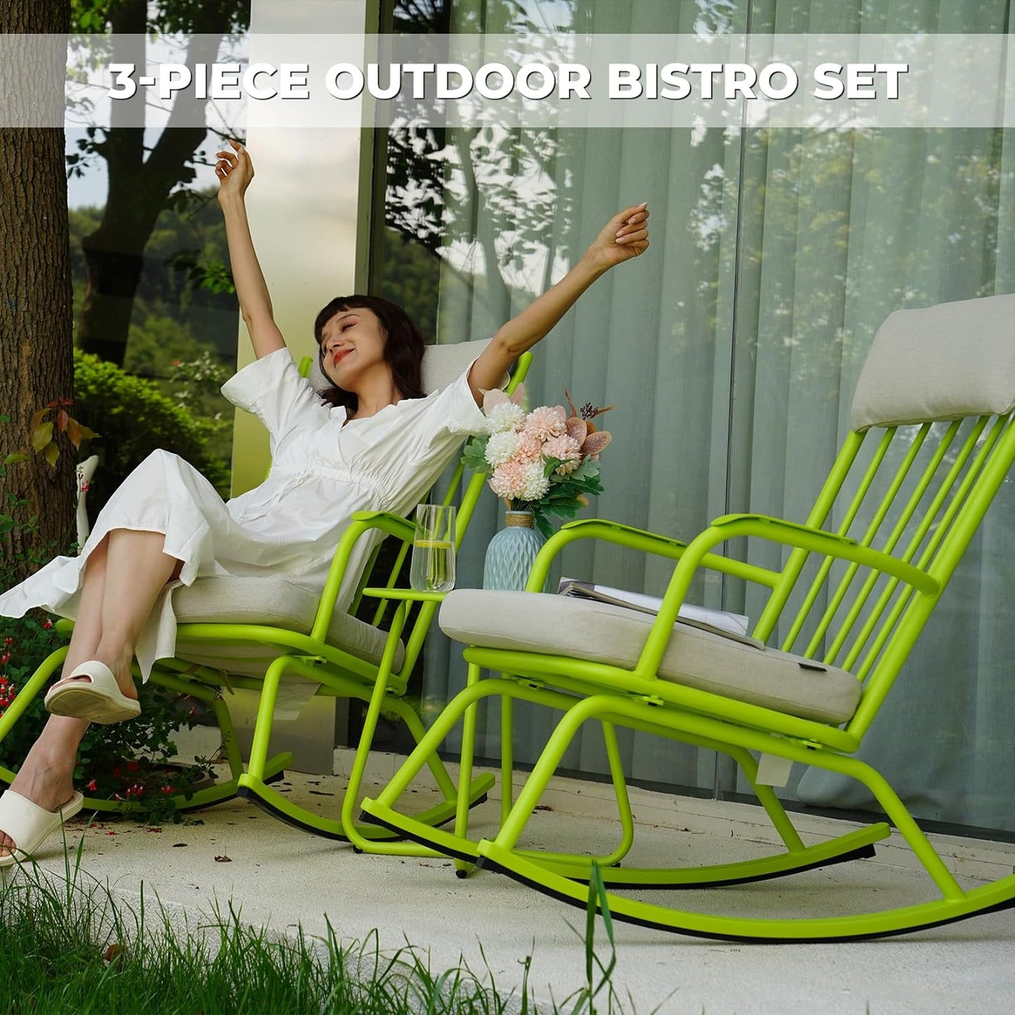 Outdoor Rocking Chair Set for 2, E-Coated Steel Rocking Chairs with Cushions and Side Table