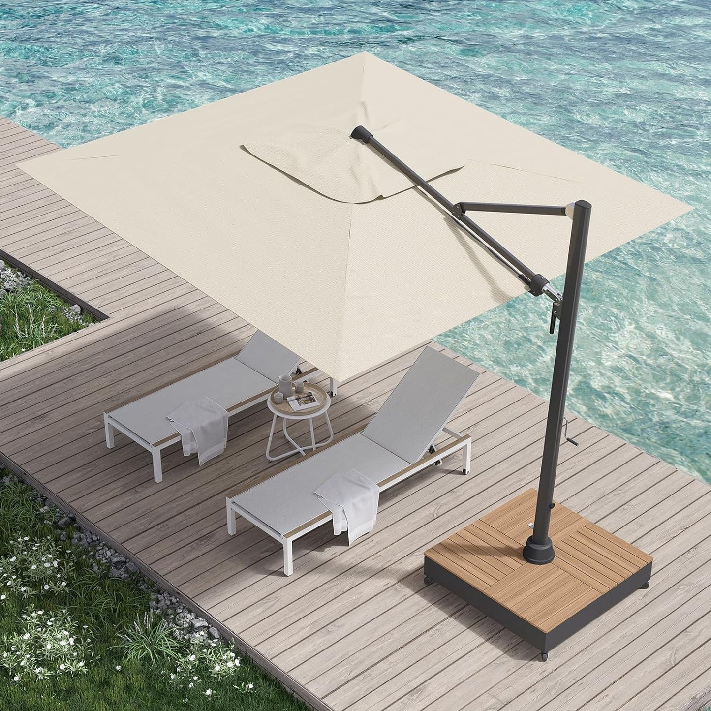 10x13 FT Acrylic Outdoor Cantilever Aluminum Umbrella with Large Base, with Cover, 5-Year-Non-Fading