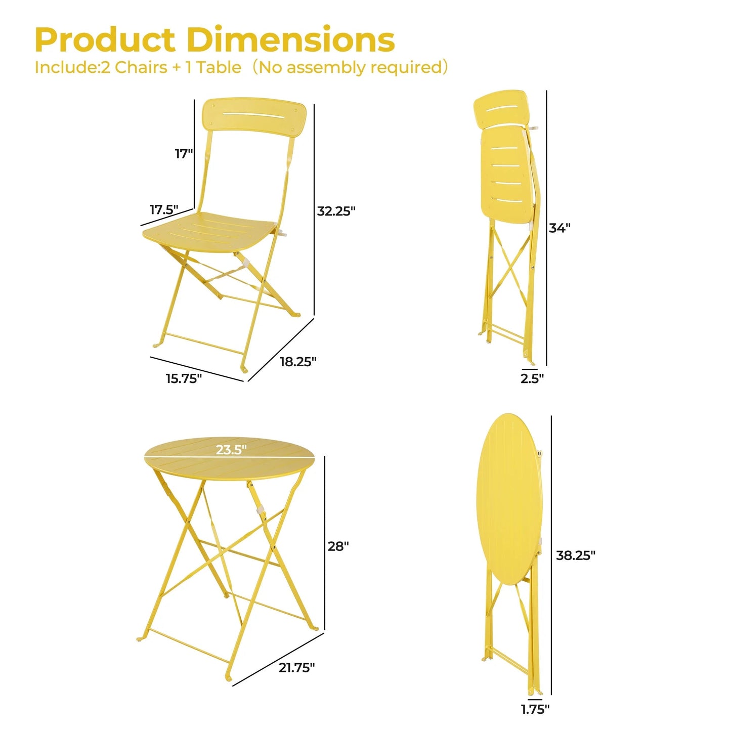 3-Piece Foldable Bistro Set with Round Table - All-Weather Steel Frame