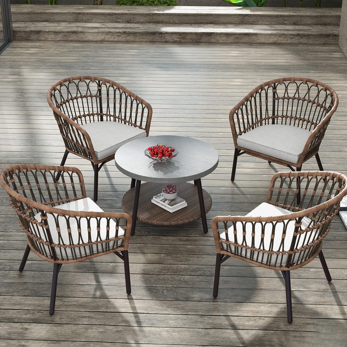 Outdoor Tully 5-Piece Steel All-Weather Wicker Boho Chat Set with Round Table for Balcony, Patio, Deck
