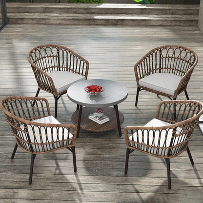 Outdoor Tully 5-Piece Steel All-Weather Wicker Boho Chat Set with Round Table for Balcony, Patio, Deck