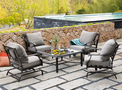 5 Piece Outdoor Furniture Conversation Set, All Weather Outdoor Cushion Rocking Chairs with Square Tempered Glass Top Coffee Table, Balcony Furniture Set for Garden