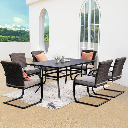Outdoor Dining Table Set, Modern Woodgrain-Look Metal Table and Wicker Chairs