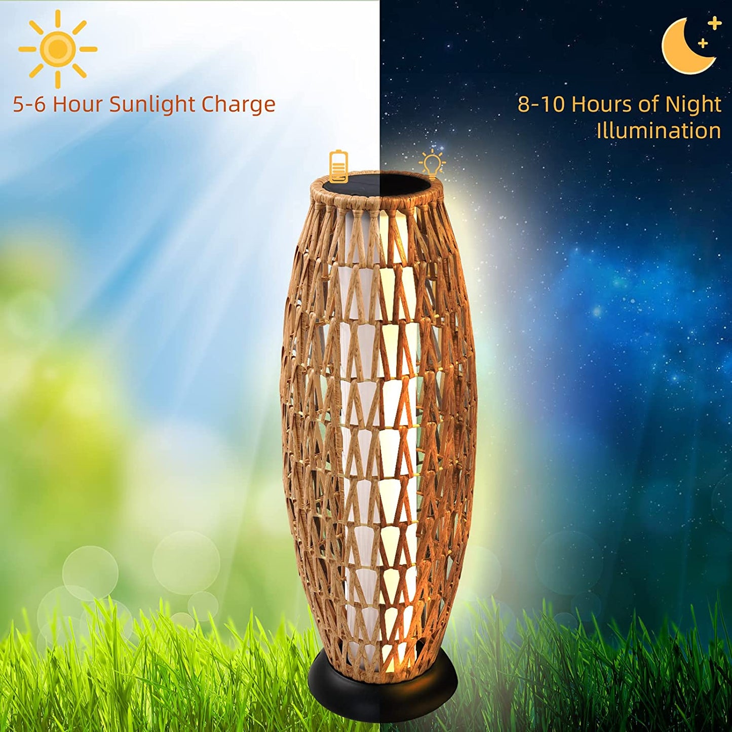 Floor Lamp Outdoor Lamp Patio Lights Solar Powered Lantern Weather–Resistant Rattan Deck Lights, Lamp Large-Sized for Garden