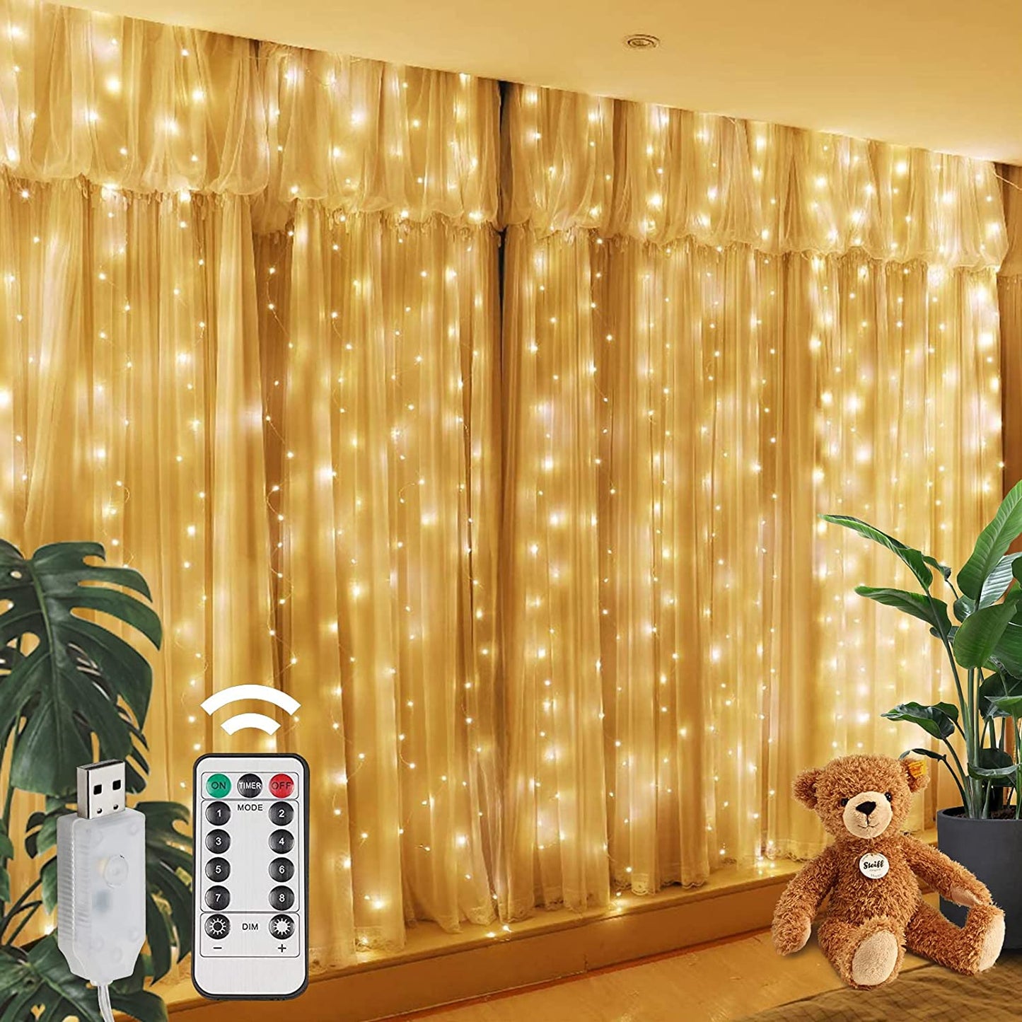 Curtain String Lights 300LED with 8 Modes USB Powered Fairy Lights Christmas Lights for Bedroom Home Décor