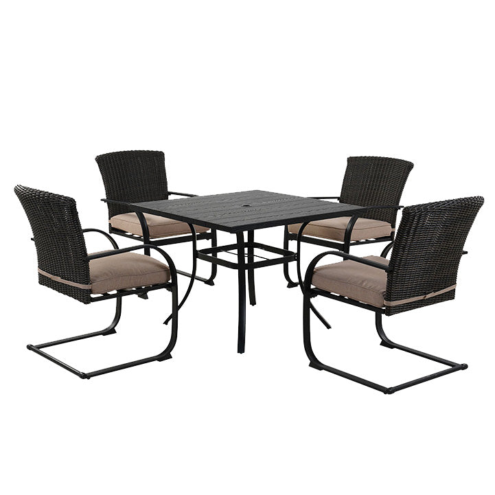 5 Piece Outdoor Dining Table Set, Woodgrain-Look Metal Table and Wicker Chairs for 4