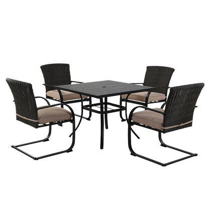5 Piece Outdoor Dining Table Set, Woodgrain-Look Metal Table and Wicker Chairs for 4