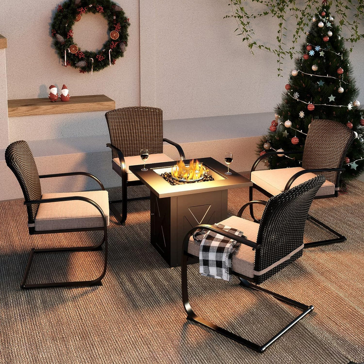 5-Piece Outdoor Dining Table Set with Fire Pit, 4 Outdoor Spring Dining Chairs
