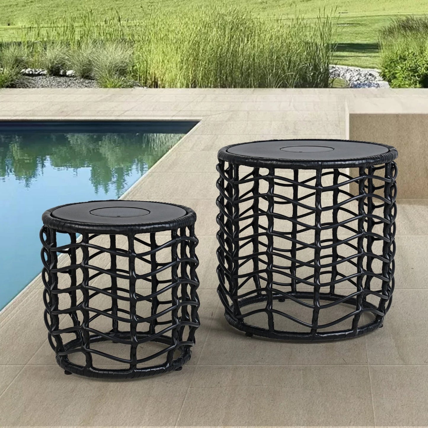 Boho Style Wave Nesting Tables with Built-in Solar-power Lights Set of 2