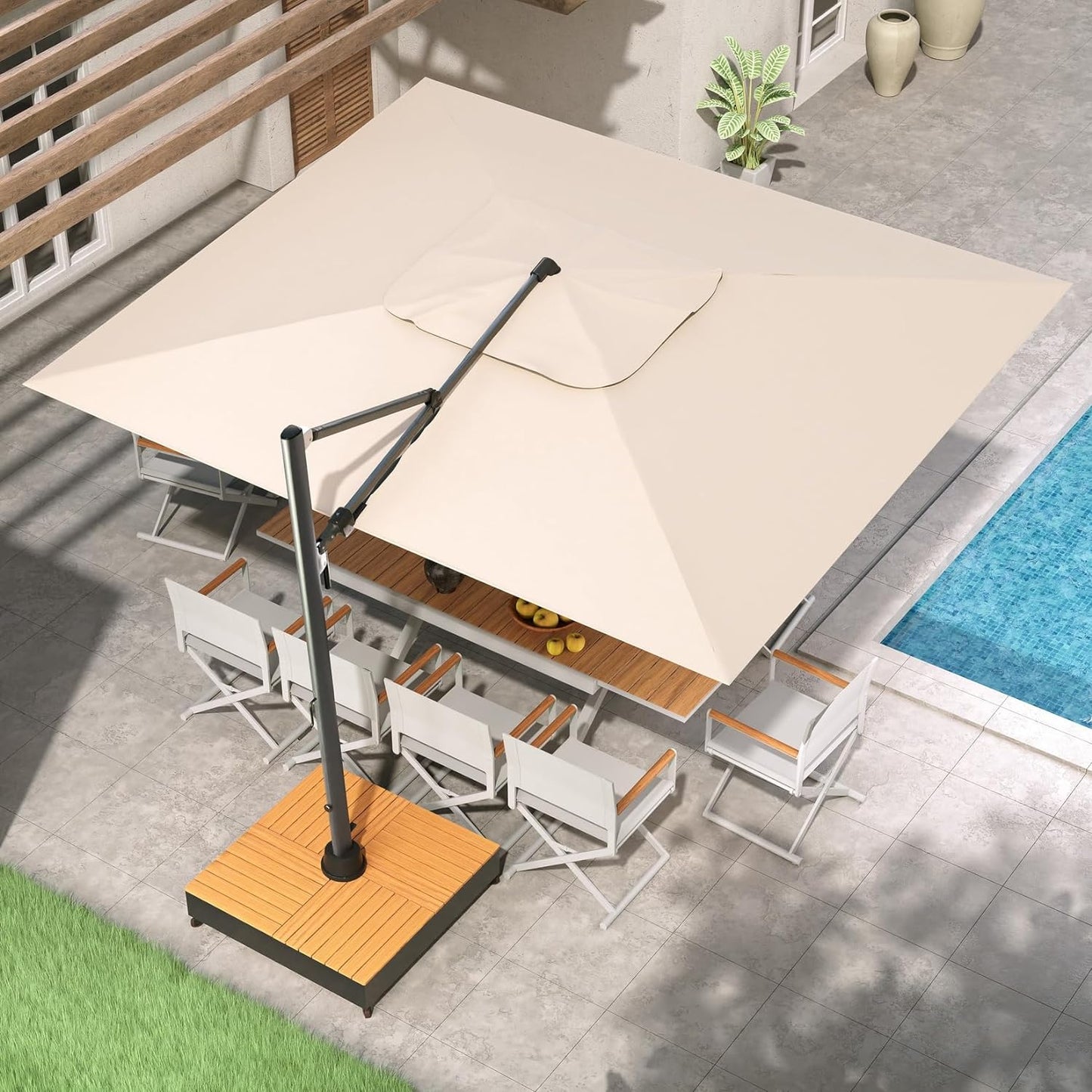 10x13 FT Acrylic Outdoor Cantilever Aluminum Umbrella with Large Base, with Cover, 5-Year-Non-Fading