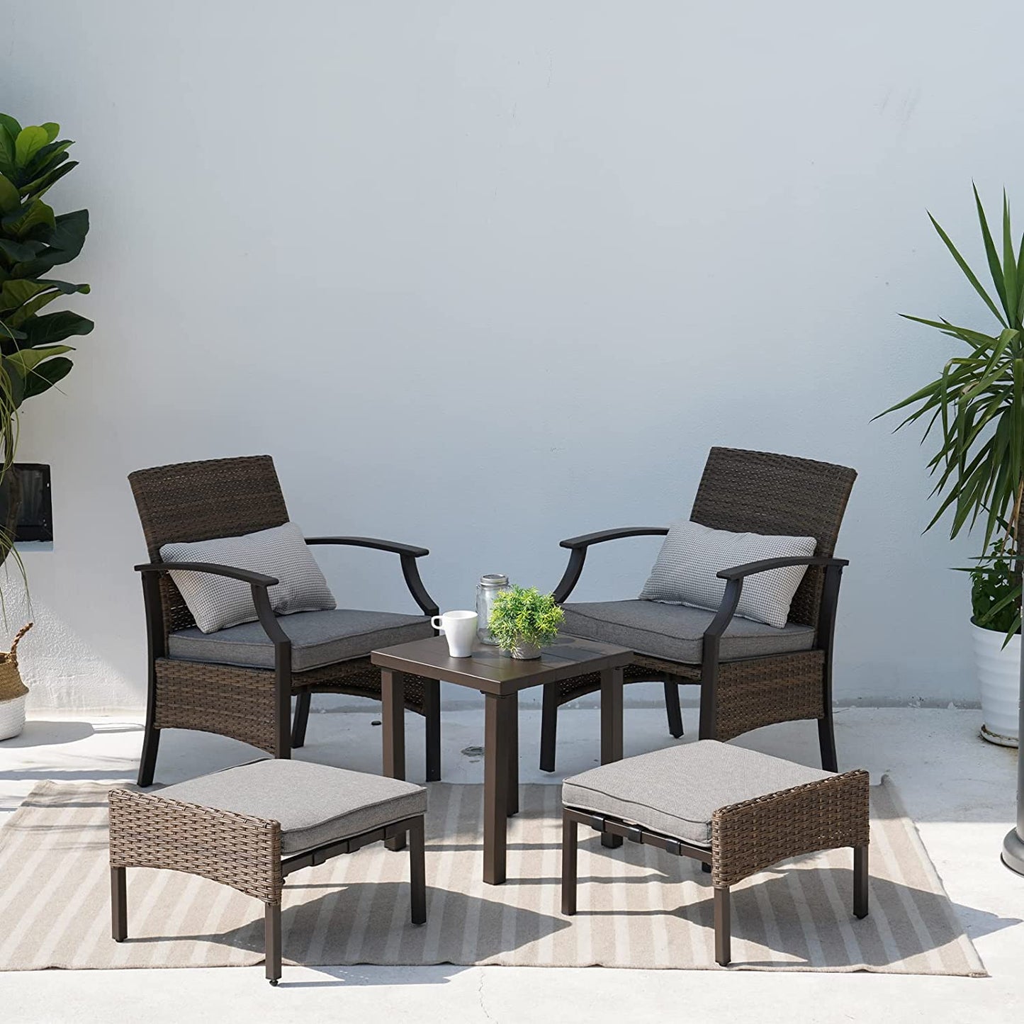 5 Pieces Outdoor Patio Furniture Sets Weather Resistant Wicker Outdoor Chairs with Ottomans and Coffee Tables