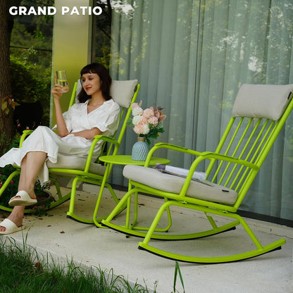 Outdoor Rocking Chair Set for 2, E-Coated Steel Rocking Chairs with Cushions and Side Table