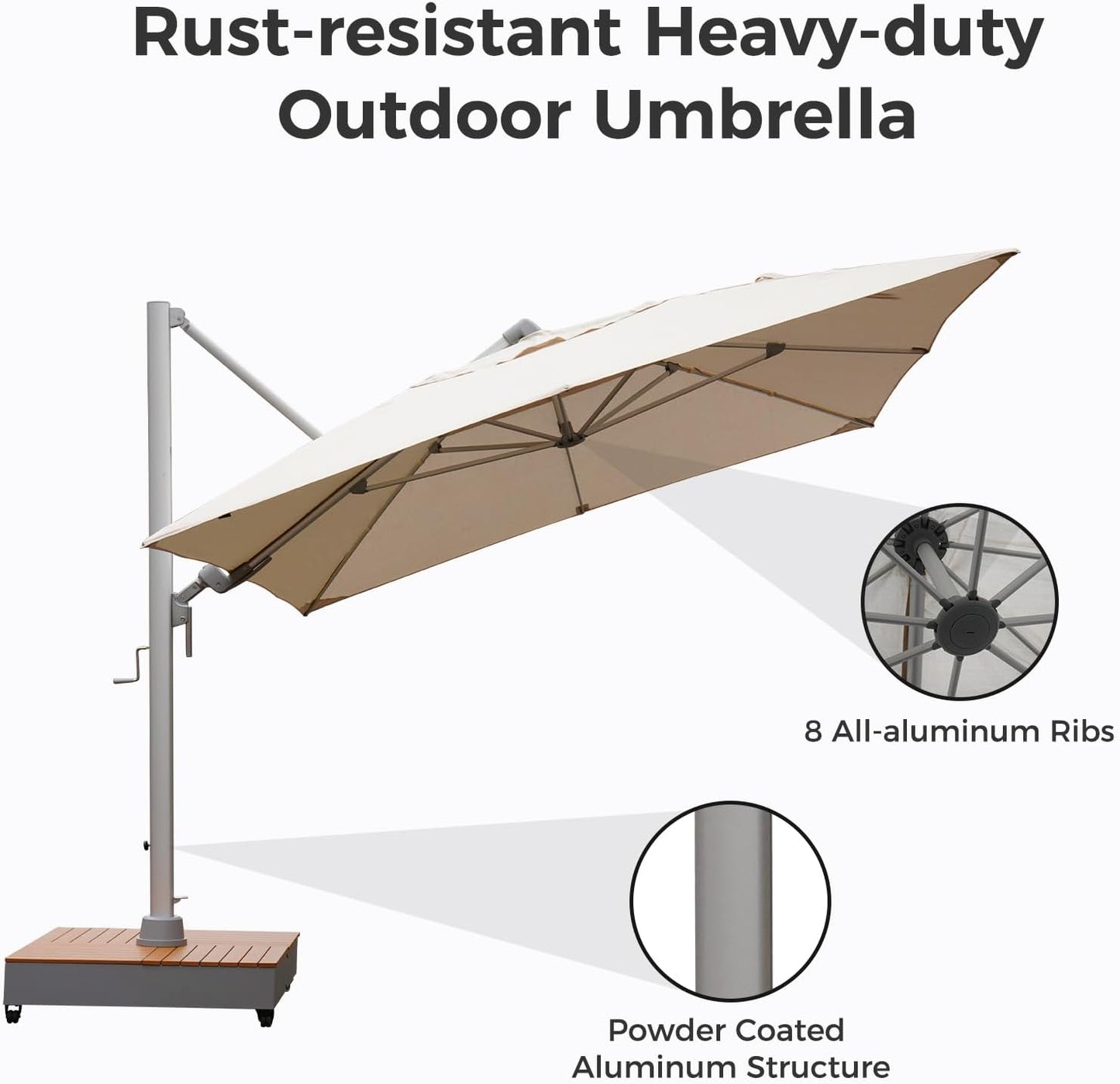 10x13 FT Acrylic Outdoor Cantilever Aluminum Umbrella with Large Base, with Cover, 5-Year-Non-Fading