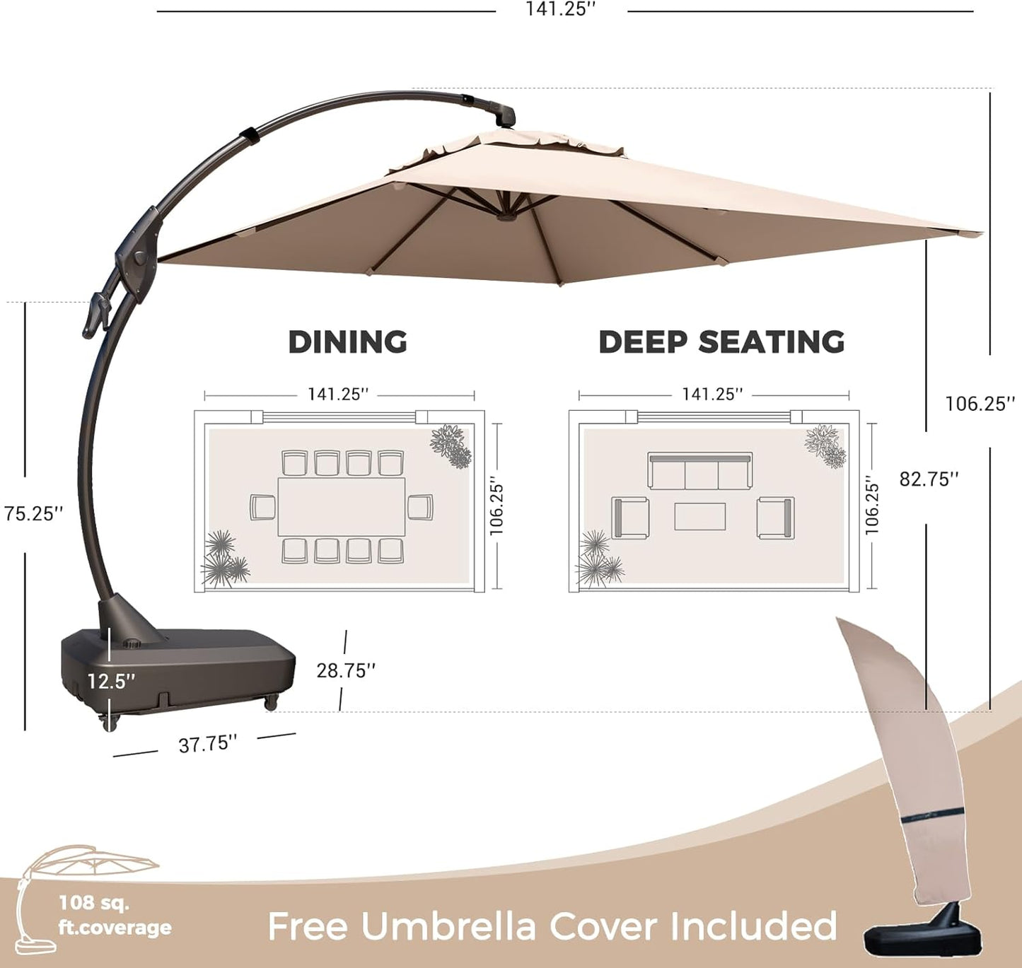 Large Rectangular Patio Umbrella with Base, with Umbrella Cover, Cantilever Umbrellas Easy Tilt