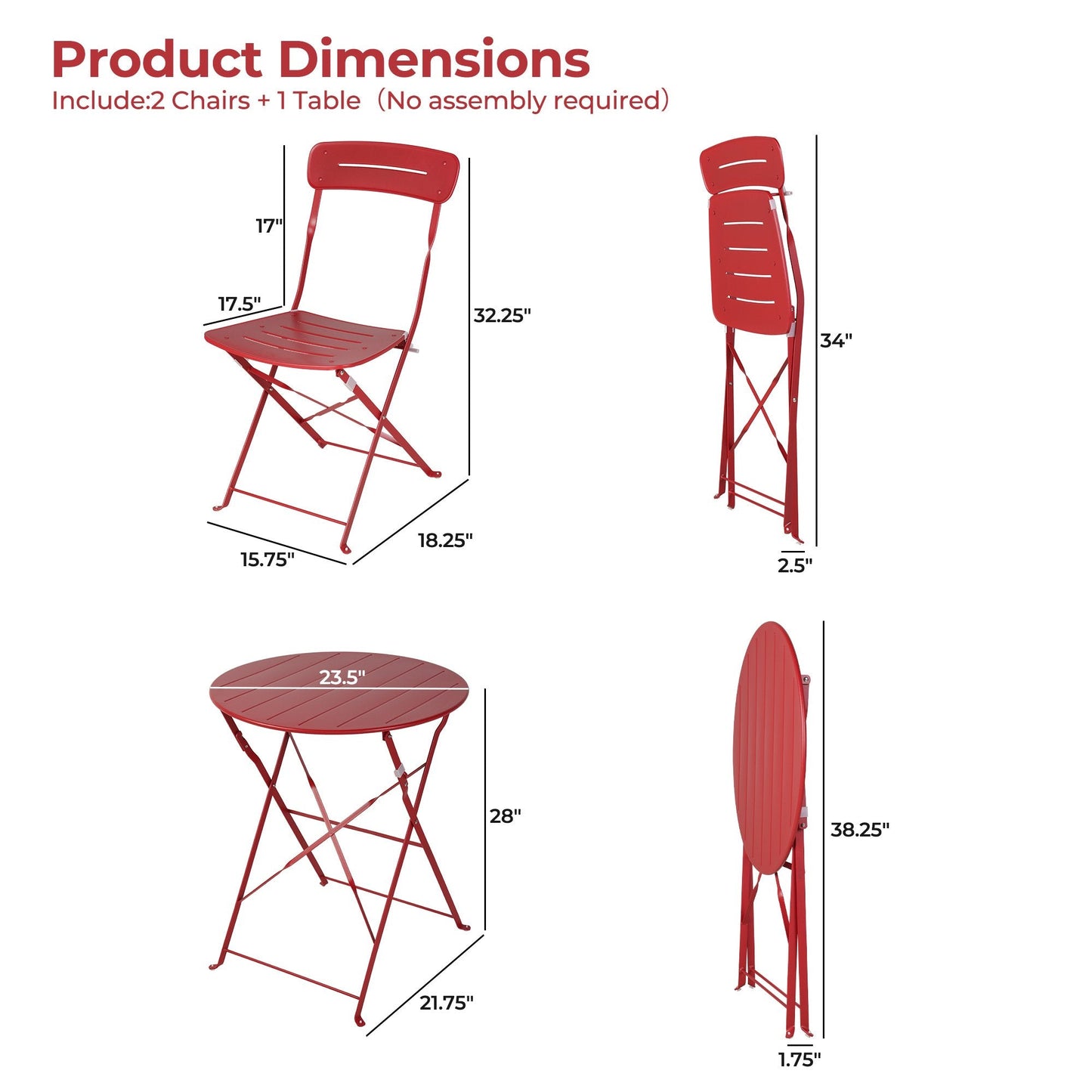 3-Piece Foldable Bistro Set with Round Table - All-Weather Steel Frame