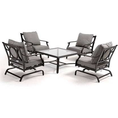 5 Piece Outdoor Furniture Conversation Set, All Weather Outdoor Cushion Rocking Chairs with Square Tempered Glass Top Coffee Table, Balcony Furniture Set for Garden