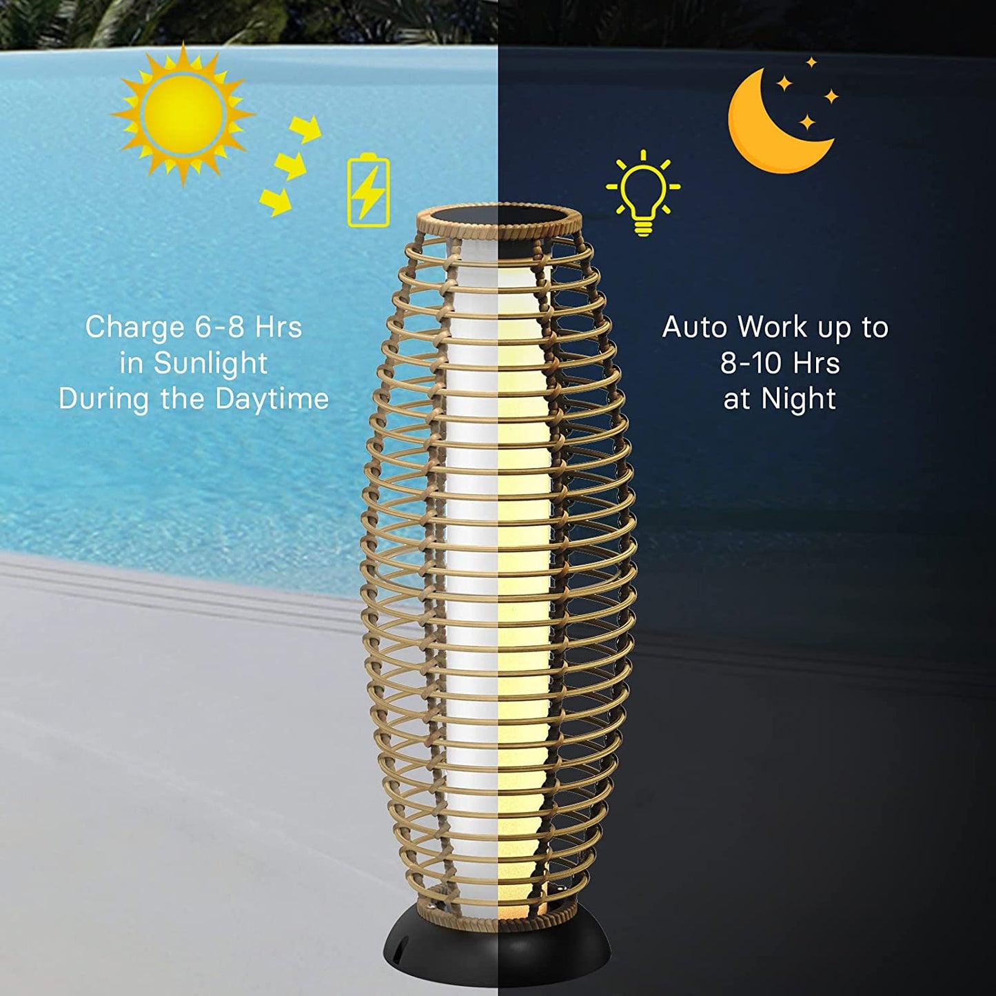 Floor Lamp Outdoor Lamp Patio Lights Solar Powered Lantern Weather–Resistant Rattan Deck Lights, Lamp Large-Sized for Garden