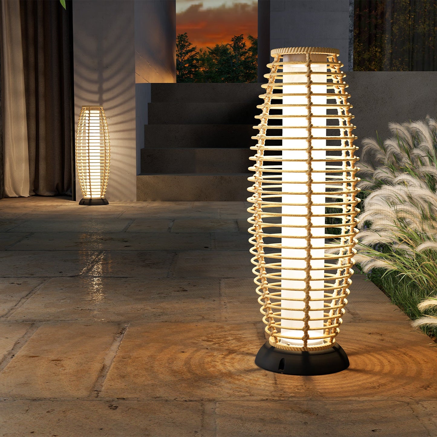 Floor Lamp Outdoor Lamp Patio Lights Solar Powered Lantern Weather–Resistant Rattan Deck Lights, Lamp Large-Sized for Garden